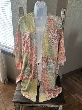 Patchwork Paisley Open Kimono - Peach, Sage, Cream